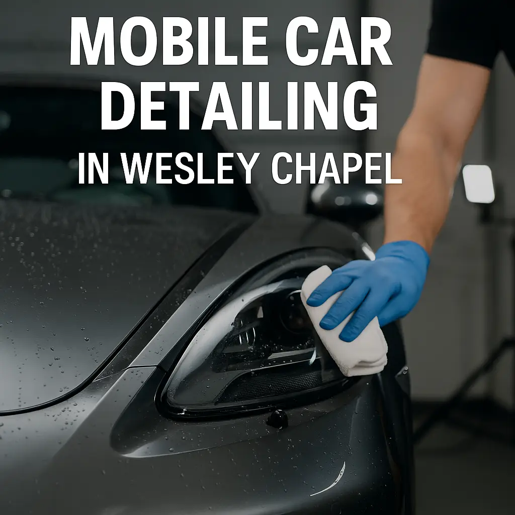 Professional mobile car detailing in Wesley Chapel with a luxury car being hand-polished and detailed, featuring water droplets and a gleaming finish.