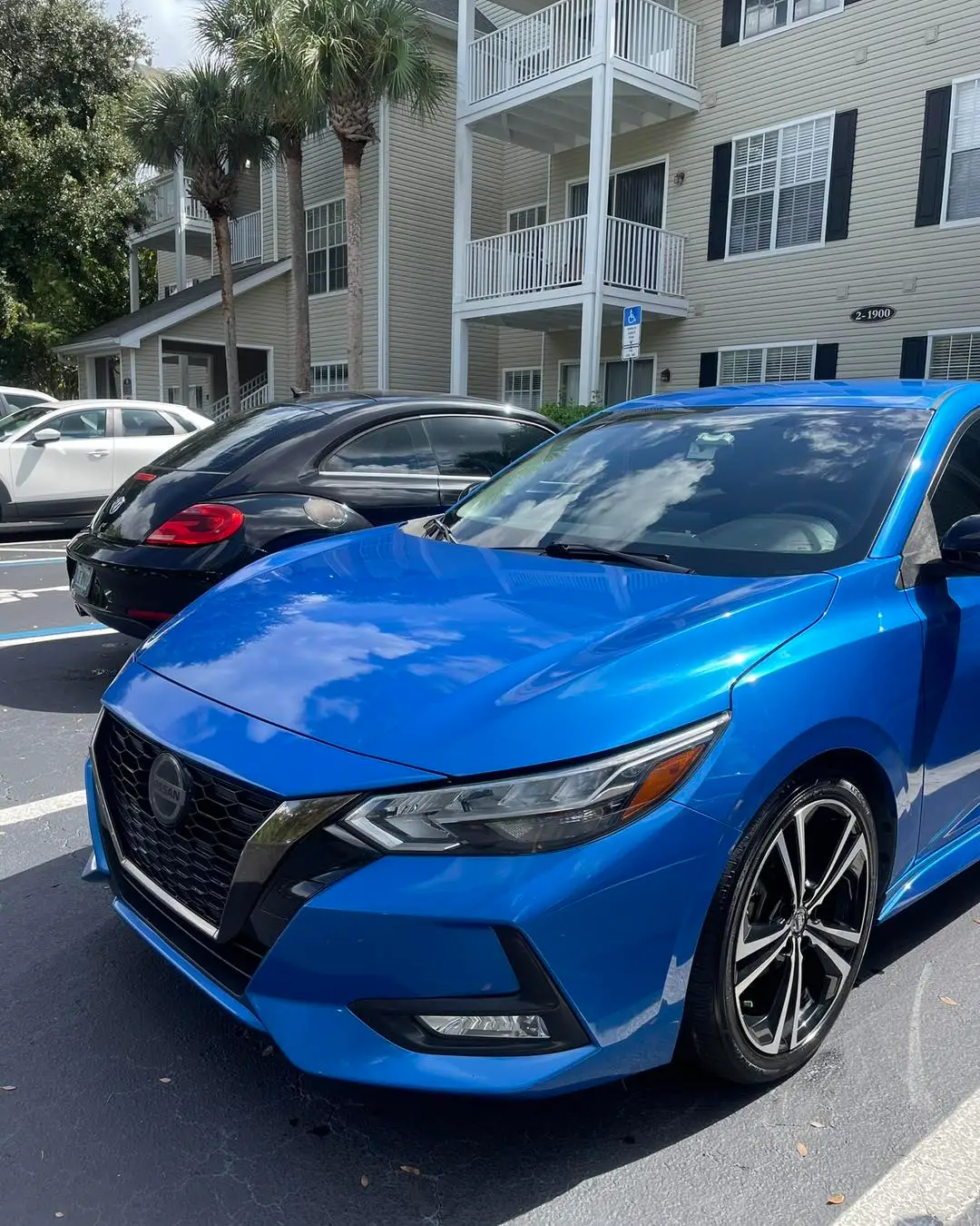 Blue Nissan Maxima after professional headlight restoration in Tampa Bay